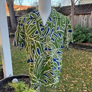 VTG Malihini Hawaii Green & Blue Palm Leaf Design Hawaiian Shirt Men's Size XL